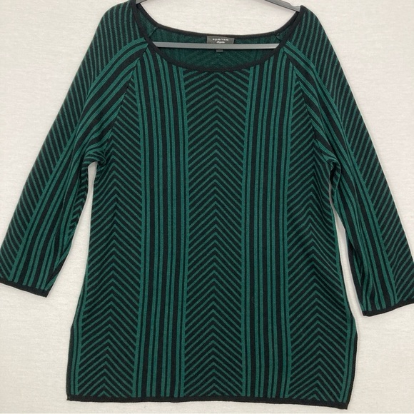 Spense Black Green Knit Stripe Chevron Crew Neck Stretch Pullover Sweater XL - Picture 1 of 10